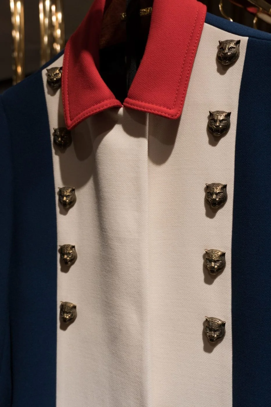 Red, White, And Blue Gucci Suit With Cat Head Buttons