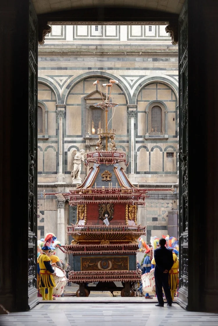 Cart In Front Of Cathedral At Explosion Of The Cart, Scoppio Del Carro In Tuscany, Florence, Italy